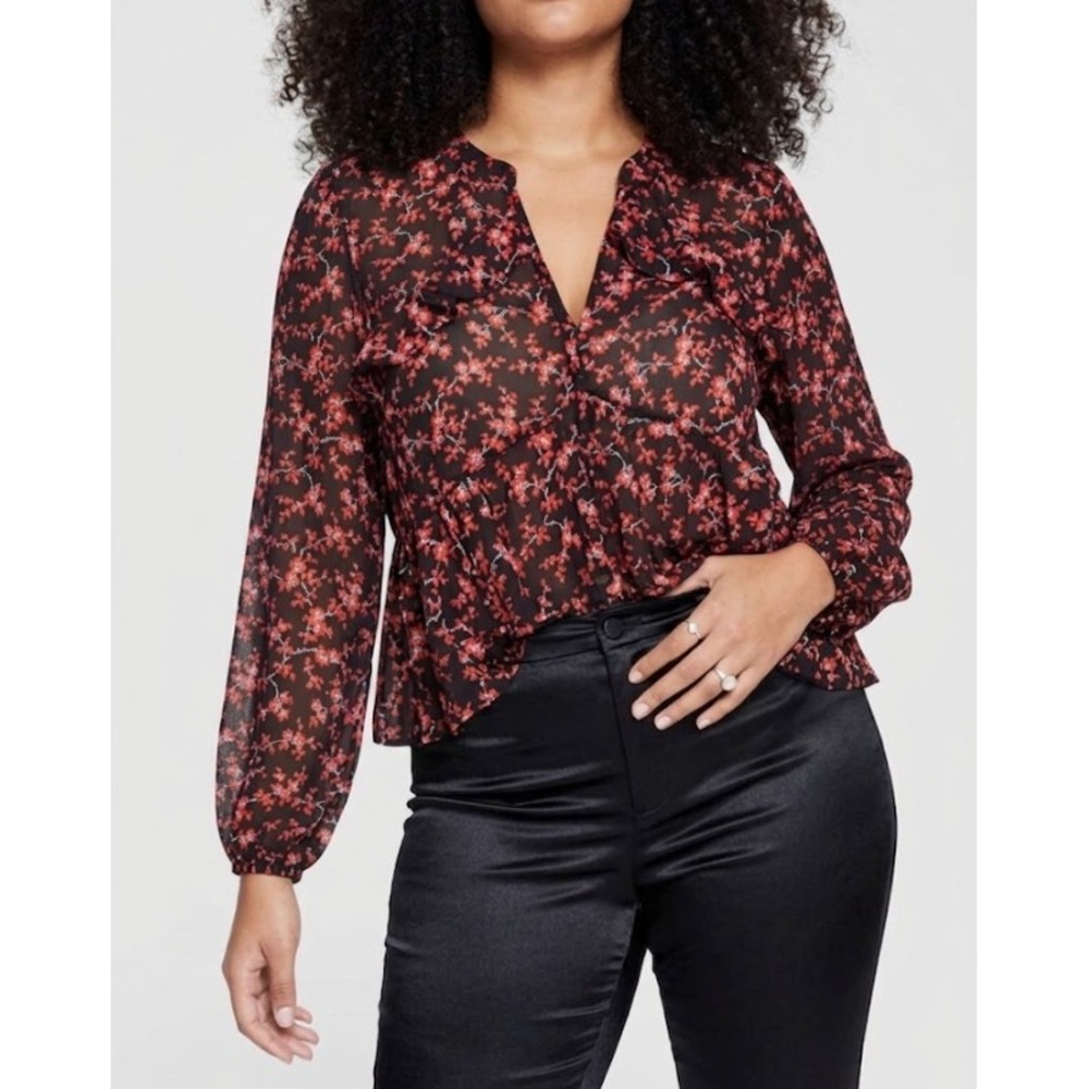 Bar III Floral Blouse XL Black Red Ruffle Tie Neck Sheer Peplum Top Feminine